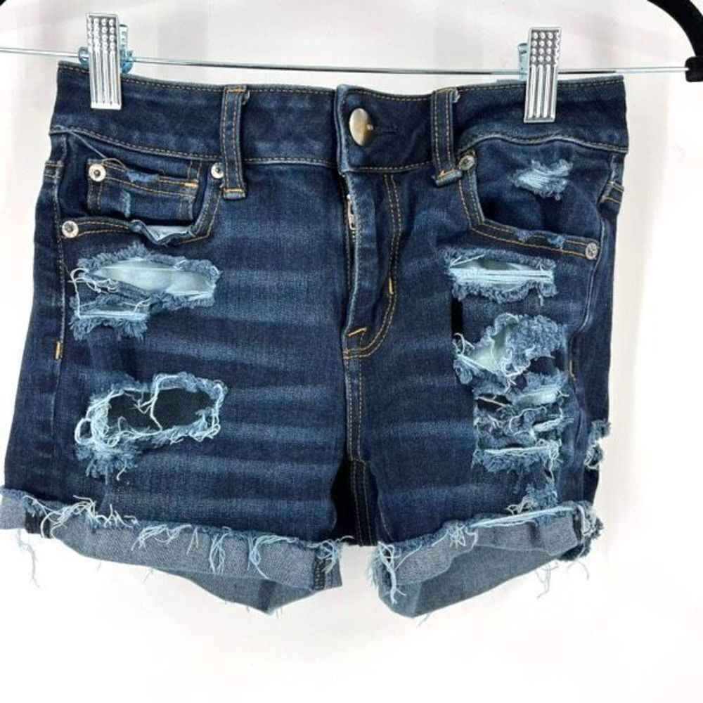 American Eagle Super Stretch‎ Hi Rise Shortie Size 0 destroyed distressed denim